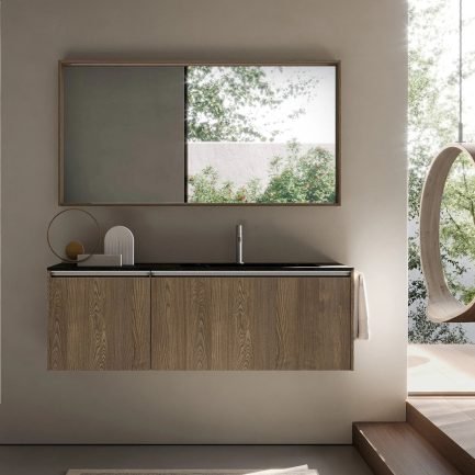 Sense 13, mobile da bagno sospeso impiallacciato teak con top lavabo in gres Umbra di Ideagroup