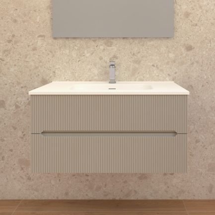 Easy Cannettato 90, mobile da bagno sospeso tortora chiaro con lavabo in ceramica di BelBagno
