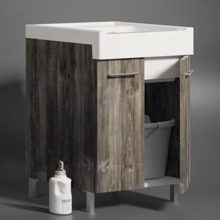 Lavarredo, mobile da bagno/lavanderia rovere scuro con lavabo in ceramica H23 cm di Xilon