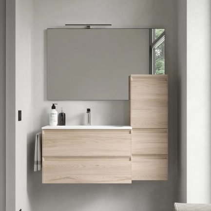 Play 02 Logic, mobile da bagno sospeso legno naturale con lavabo in Mineralsolid bianco opaco di Ideagroup