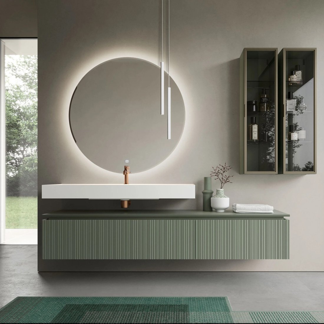 ViaCondotti-12,-mobile-da-bagno-sospeso-in-legno-dogato-verde-con-top-lavabo-in-Corian-di-Ideagroup