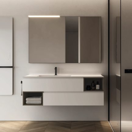 Seventy Form 16, mobile da bagno sospeso neve con vani e lavabo in Aquagel opaco di Ideagroup