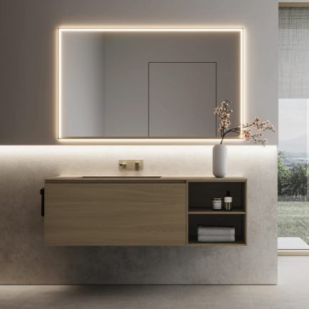 Seventy Form 20, mobile da bagno sospeso con vani frassino e top lavabo in gres Ares di Ideagroup