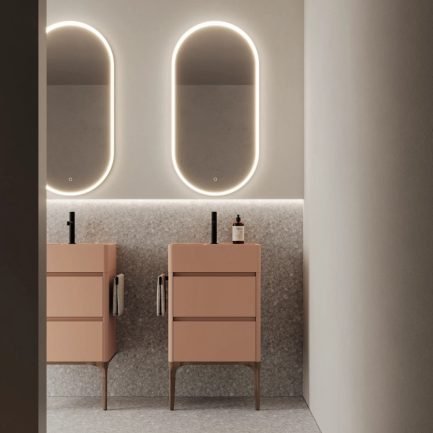 Seventy Form 05, mobile da bagno compatto salmone con piedi noce e lavabo in Aquagel di Ideagroup