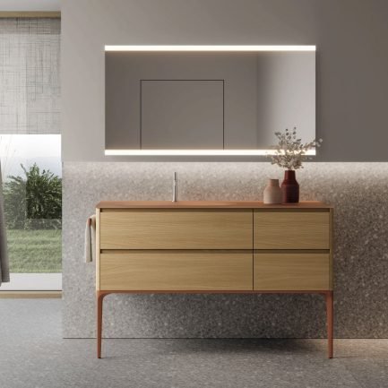 Seventy Form 12, mobile da bagno frassino naturale con lavabo cristallo terracotta di Ideagroup