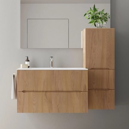 Smyle 04 Onda, mobile da bagno sospeso legno naturale con lavabo Mineralsolid di Ideagroup