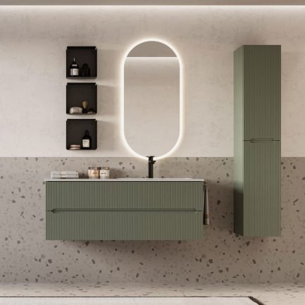 Verso 11, mobile da bagno cannettato verde con lavabo in mineralmarmo lucido di Legnobagno