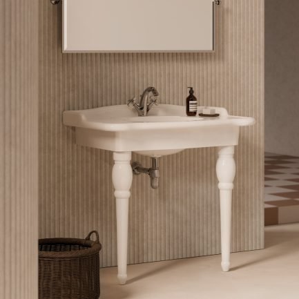 Boheme, lavabo a consolle con gambe in ceramica bianca lucida 95 x 58, H 87 cm di Alice Ceramica
