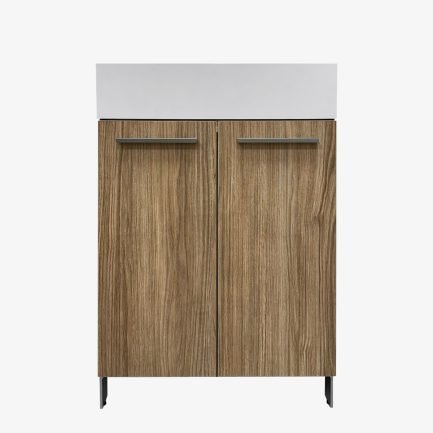 Linea 46, mobile da bagno/lavanderia rovere rosa con piedini e lavabo Basinbasket® in Ocritech® opaco di Xilon