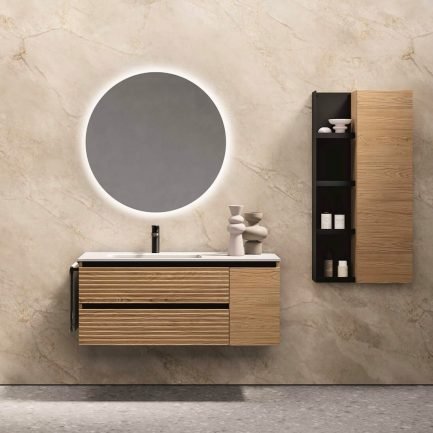 Ondina 04, mobile da bagno sospeso rovere chiaro cannettato con lavabo in mineralmarmo di BelBagno