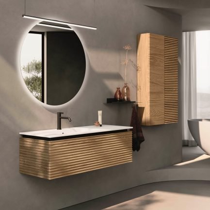 Ondina 1, mobile da bagno sospeso rovere chiaro cannettato con lavabo in mineralmarmo di BelBagno