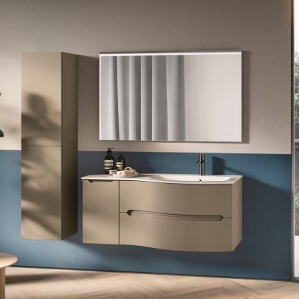 Agape 02, mobile da bagno sospeso curvo tortora con lavabo in mineralmarmo di Belbagno
