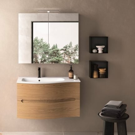 Agape 03, mobile da bagno sospeso curvo rovere con lavabo in mineralmarmo di Belbagno