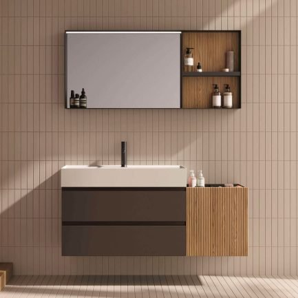 GEA 23, mobile da bagno caffè/rovere con lavabo in solid surface e base laterale di BelBagno