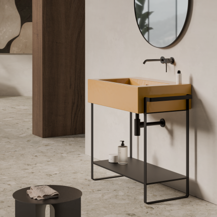 KUBO 80, struttura d'appoggio in acciaio con lavabo in ceramica miele lucido di Alice Ceramica