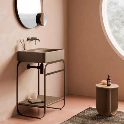 Lunaris, struttura in acciaio nero con lavabo e ripiano in ceramica caffè 61 x 45 cm di Alice Ceramica