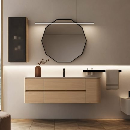 Seventy Form 02, mobile da bagno frassino sbiancato con top curvo in Corian® di Ideagroup