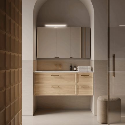 Provence 06, mobile da bagno sospeso legno naturale con top lavabo in Mineralsolid di Ideagroup