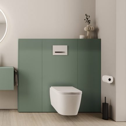 Wall B3, sistema d'arredo a terra con ante e modulo WC verde Glauco di Ideagroup