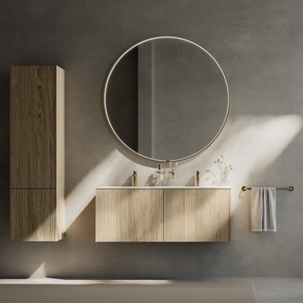 Testadura #12, mobile da bagno sospeso dogato rovere e lavabo in Solid Surface con 2 vasche di Inda