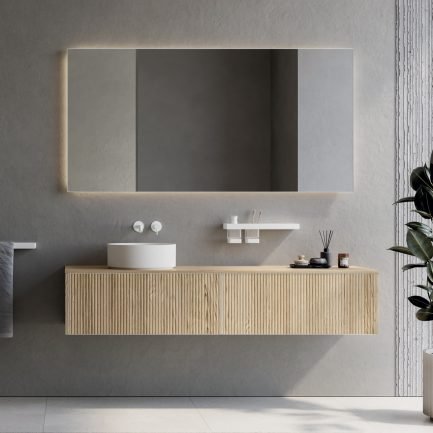 Testadura #5, mobile da bagno sospeso dogato rovere con lavabo da appoggio in Solid Surface di Inda