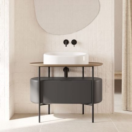 Bob, struttura in acciaio nero con cassetto, lavabo e piano in ceramica 100 x 52 cm di Globo