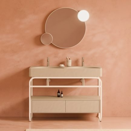 Lunaris, struttura in acciaio bianco con lavabo a due vasche e cassetti sabbia matt 121 x 45 cm di Alice