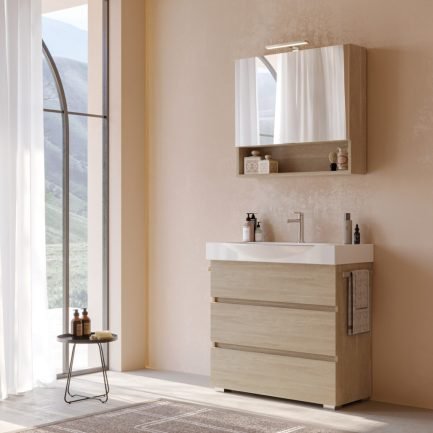 Urban Manhattan 4, mobile da bagno a terra rovere con lavabo a semincasso in ceramica di Legnobagno