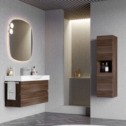Urban Manhattan 5, mobile da bagno sospeso noce con lavabo a semincasso in ceramica di Legnobagno