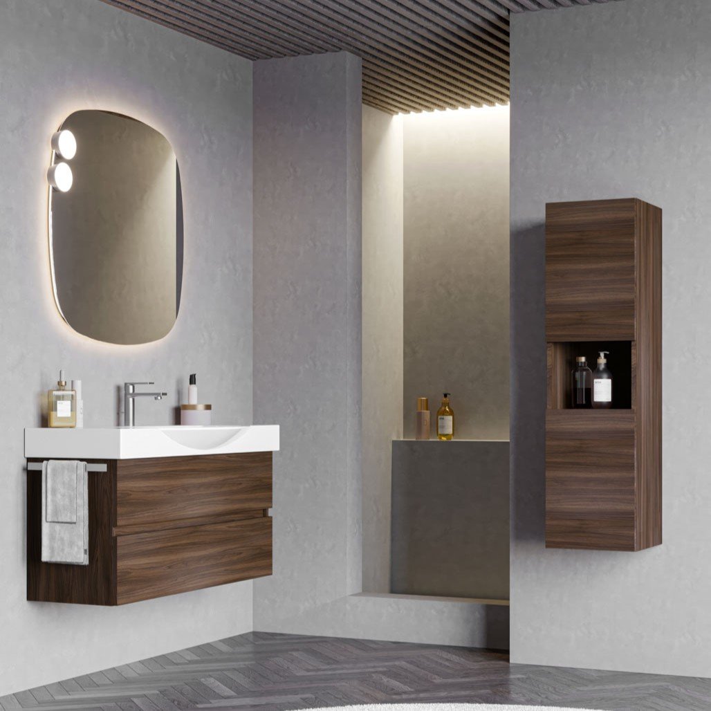 Urban Manhattan 5, mobile da bagno sospeso noce con lavabo a semincasso in ceramica di Legnobagno