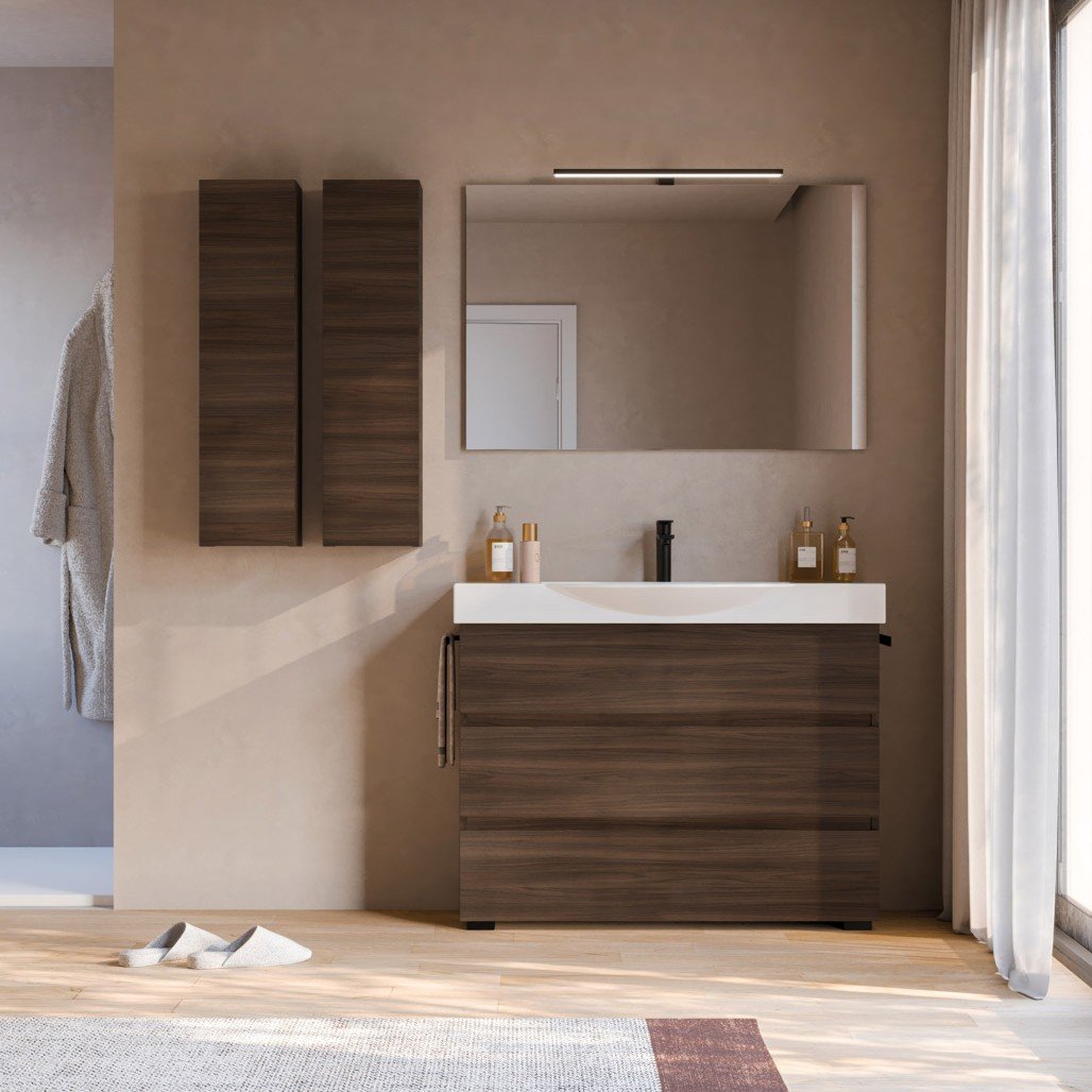 Urban Manhattan 6, mobile da bagno a terra noce con lavabo a semincasso in ceramica di Legnobagno