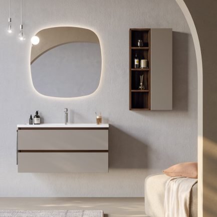 Urban Platea 5, mobile da bagno sospeso canapa/noce con lavabo in ceramica salvagoccia di Legnobagno