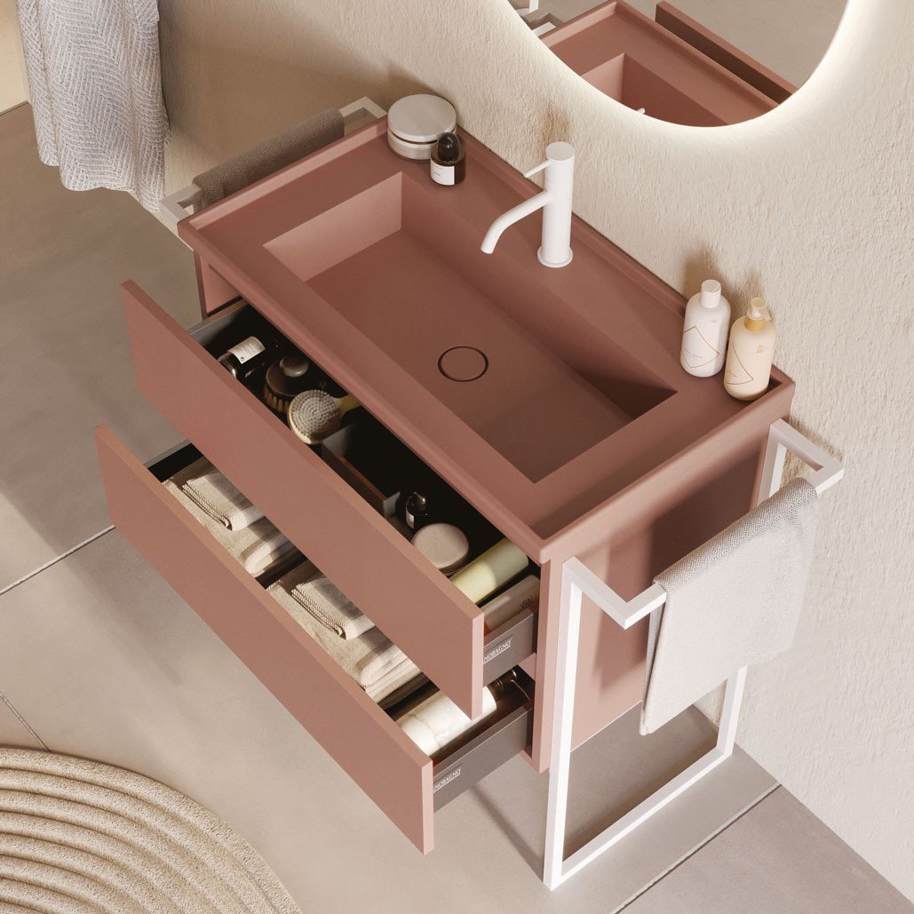 Urban Platea 2, mobile da bagno malva con struttura bianca e lavabo in ceramica salvagoccia di Legnobagno 2