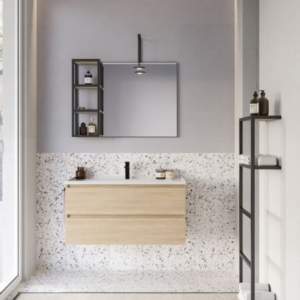 Urban Platea 4, mobile da bagno sospeso rovere con lavabo in ceramica salvagoccia di Legnobagno