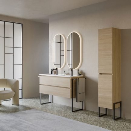Urban Platea 6, mobile da bagno rovere con struttura e lavabo in ceramica salvagoccia 2 vasche di Legnobagno