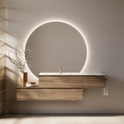 Cubik 04, mobile da bagno sospeso noce canaletto con lavabo in Mineralsolid di Ideagroup