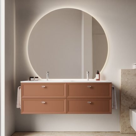 Provence 10, mobile da bagno sospeso terracotta opaco con lavabo in Mineralsolid a due vasche di Ideagroup